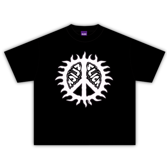SLICK PEACE WHITE BOXY TEE ON CHARCOAL BLACK